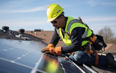 Sticker - Construction worker installs solar panels on the roof of a house