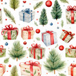 © Alprix - A Watercolor Seamless Pattern of Christmas Presents and Trees