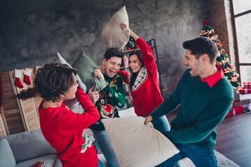 Wall Mural - Photo of cheerful fellows hold pillows fighting have good mood magic new year time living room house inside