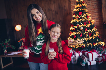 Wall Mural - Photo of pretty charming little siblings dressed red sweaters preparing santa eggnog chocolate cookies indoors christmas apartment home