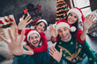© deagreez - Photo of overjoyed funky fellows embrace have good mood arms waving hi christmas greetings flat indoors