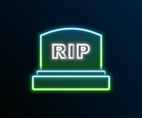 Wall Mural - Glowing neon line Tombstone with RIP written on it icon isolated on black background. Grave icon. Colorful outline concept. Vector