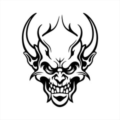 Wall Mural - Silhouette devil face icon. Vector illustration design. tattoo and t-shirt design black and white hand drawn horned devil head face Demon head, Devil horn mask Scary mask isolated on white