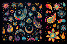 Vector Set Of Indian Paisley Elements On Black Background. Vector Set Of Ornate Floral Elements For Design In Eastern Style.