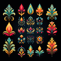 Wall Mural - Vector set of indian paisley elements on black background. Vector set of ornate floral elements for design in Eastern style.