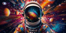 Fantastical Caricature Of An Astronaut With A Stretched Helmet, Floating In An Imaginatively Vibrant Galaxy