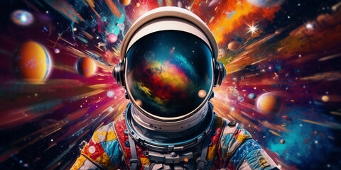 Wall Mural - fantastical caricature of an astronaut with a stretched helmet, floating in an imaginatively vibrant
