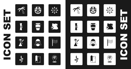 Sticker - Set Sun, Egyptian vase, Papyrus scroll, Tropical palm tree, Map of, pharaoh, Flag Of and Hookah icon. Vector