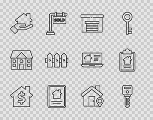 Poster - Set line House with dollar symbol, key, Garage, Online real estate house, Realtor, Garden fence wooden, Location and contract icon. Vector