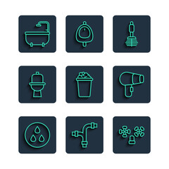 Sticker - Set line Water drop, Industry metallic pipe, tap, Toilet brush, Bucket with soap suds, bowl, Bathtub and Hair dryer icon. Vector