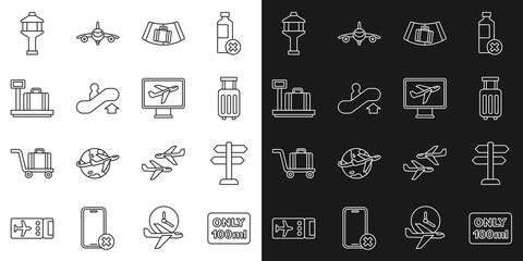 Canvas Print - Set line Liquids in carry-on baggage, Road traffic sign, Suitcase, Conveyor belt with suitcase, Escalator up, Scale, Airport control tower and Plane icon. Vector