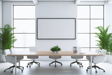perspective view of empty meeting conference room with big table set and facilities for large person