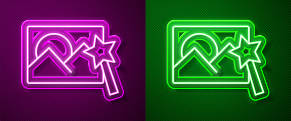 Sticker - Glowing neon line Photo retouching icon isolated on purple and green background. Photographer, photography, retouch icon. Vector