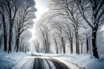 Wall Mural - view of road passing trough snow coverd trees