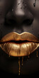 Sexy geöffneter Mund einer Frau mit Kupfer goldenen Lippenstift und großartigen Makeup in Nahaufnahme im Hochformat für Banner, ai generativ