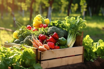 Wall Mural - Wooden box of farm fresh vegetables in bright sunlight in vegetable garden. fresh food in wood crate of vegetables and garden space