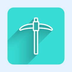 Wall Mural - White line Pickaxe icon isolated with long shadow background. Green square button. Vector