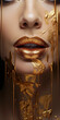 Sexy geöffneter Mund einer Frau mit Kupfer goldenen Lippenstift und großartigen Makeup in Nahaufnahme im Hochformat für Banner, ai generativ