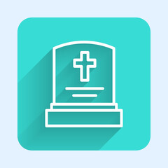 Poster - White line Grave with tombstone icon isolated with long shadow background. Green square button. Vector