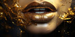 Sexy geöffneter Mund einer Frau mit Kupfer goldenen Lippenstift und großartigen Makeup in Nahaufnahme im Querformat für Banner, ai generativ