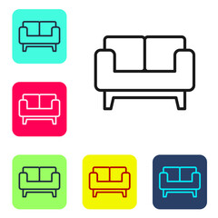 Sticker - Black line Sofa icon isolated on white background. Set icons in color square buttons. Vector