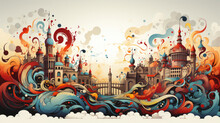 Vector Illustration Of A Big City With Colorful Clouds And Buildings In Graffiti Style. A Colorful Vector Illustration Inspired By Las Fallas, Valencia,