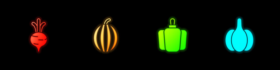 Set Beet, Watermelon, Bell pepper and Garlic icon. Vector