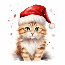 Generative AI. Watercolor Clipart Of A Cute Cat, Wearing A Christmas Costume.