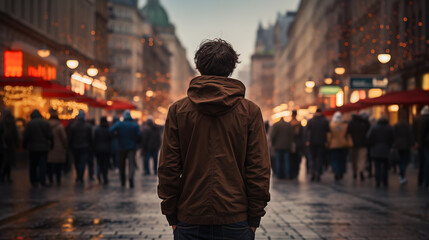 Rear view man stands on crowded evening city street