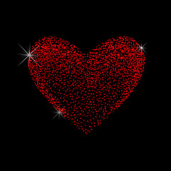 Wall Mural - Red shining heart made of dots on a black background. hand drawing. Happy Valentine's Day. Not AI, sstkLOVE. Vector illustration