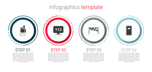 Sticker - Set Walkie talkie, Telephone call 112, Crime scene and Police assault shield. Business infographic template. Vector