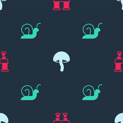 Sticker - Set Binoculars, Mushroom and Snail on seamless pattern. Vector