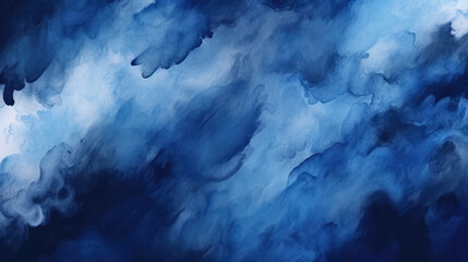 Chaotic brush strokes in black and navy blue create an abstract watercolor background, resembling a dramatic, stormy sky with clouds.