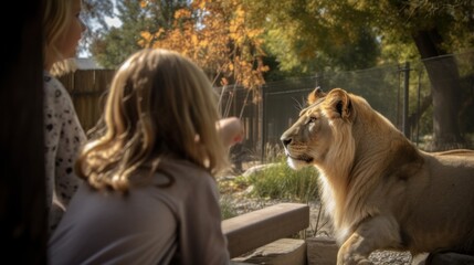 Wall Mural - mother and daughter (6-7) looking at african lion at boise zoo.