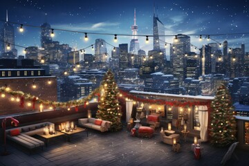 Wall Mural - Urban Christmas Rooftop Party with City Skyline View