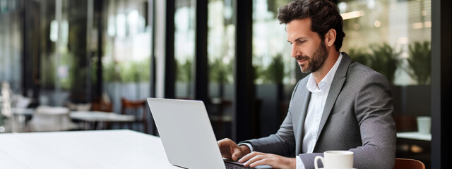 Professional businessman using laptop outdoor, copy space
