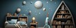 interior of a children's room decorated in style of space for new year. futuristic, space and technology concept. Christmas and happy New Year.  banner