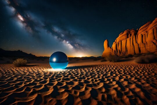 A starry sky and a light sphere in a desert landscape .
