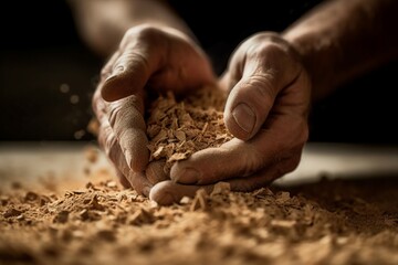 Wall Mural - Carpenter holding sawdust work timber. Lumber craft hands detail worker. Generate Ai