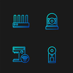 Poster - Set line Smart coffee machine, , Router and wi-fi signal and Ringing alarm bell. Gradient color icons. Vector