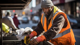 Fototapeta  - Focused sanitation worker on street.