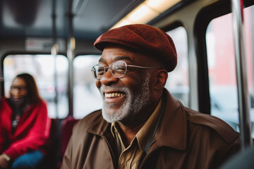 Happy adult african american man in bus or tram.