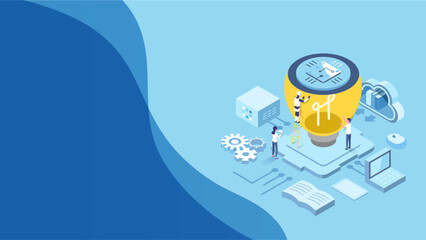 Wall Mural - vector isometric background illustraion of business lightbulb idea concept with people and Artificial intelligence
