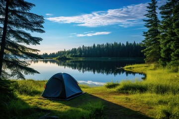 Canvas Print - Camping tent on the shore of a lake at sunset.