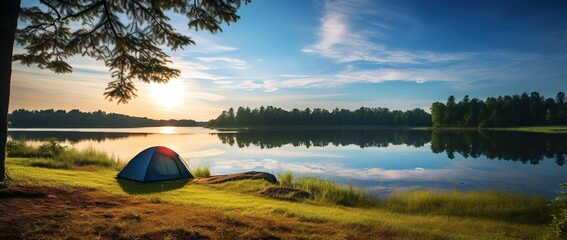 Canvas Print - Camping tent on the shore of a lake at sunset.