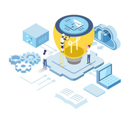 Wall Mural - ector isometric illustraion of business lightbulb idea concept with people and Artificial intelligence