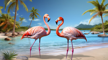 Wall Mural - pink flamingo couple. Exotic bird. Couple of pink flamingos in love day, valentine. generative ai