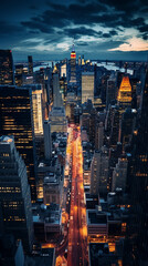 Poster - drone photo of traffic and city skyline at night in New York City 