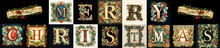 Merry Christmas Wide Banner With Capital Letters In The Style Of An Illuminated Manuscript. Festive Greeting With Ribbon Scroll Detail.