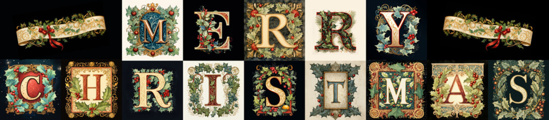 Merry Christmas wide banner with capital letters in the style of an illuminated manuscript. Festive greeting with ribbon scroll detail.